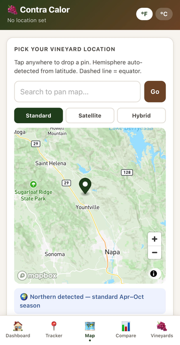 Map tab — drop a pin on your vineyard