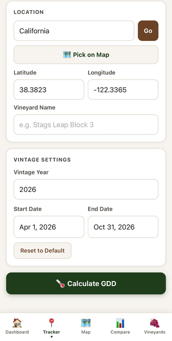 Tracker tab — name your vineyard and set vintage year